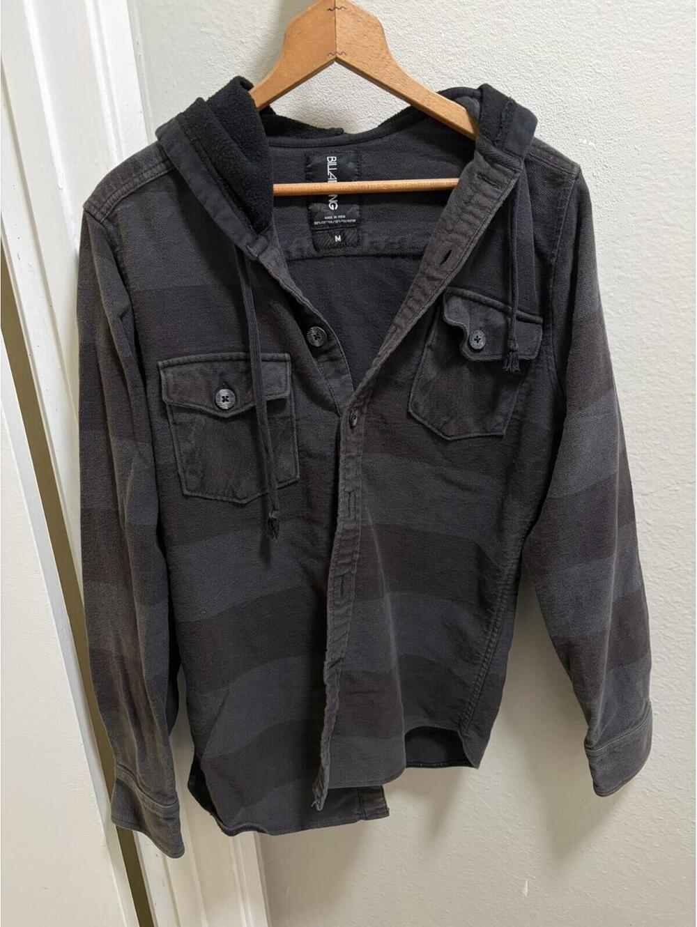 Billabong M Hooded Flannel Shirt Black Striped Baja Hoodie